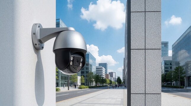Sleek silver dome security camera mounted on white wall. Modern surveillance device monitors urban city street with tall buildings, pedestrians. High tech safety system protects residential area
