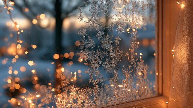 Frosted Christmas window with warm golden holiday lights glowing behind icy white glass, softly blurred dreamy winter background