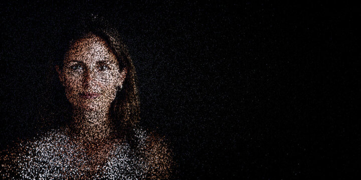 Digital ID Portrait of Woman with Face made up of Code. Data sovereignty Concept with copy-space.