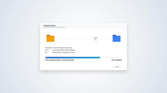A high-quality 4K motion graphics animation of a file transfer progress dialog box. Features an animated document sliding between folders, a smooth loading progress bar with percentage counter