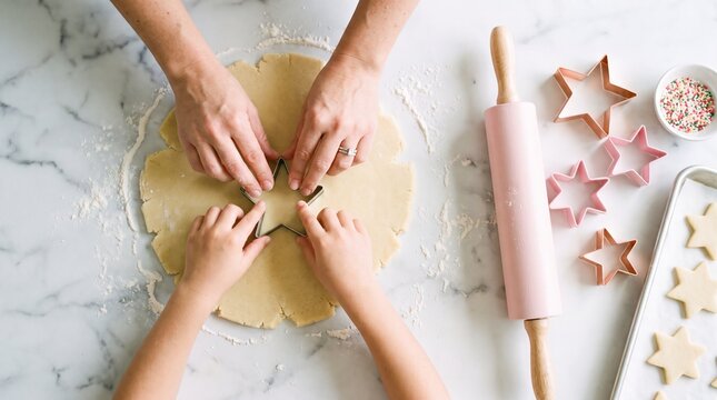 Mother and child cutting star shaped cookies from rolled dough using metal cutters beside a rolling pin and baking sheet in a cozy home kitchen