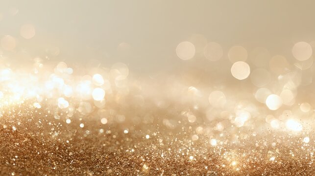 Christmas bokeh background with warm gold blurred lights and tiny sparkles in the lower corners, soft creamy white backdrop with copy space