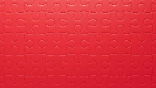 Red Jigsaw Puzzle Backdrop with Firmly Aligned Pieces. Harmony Concept.