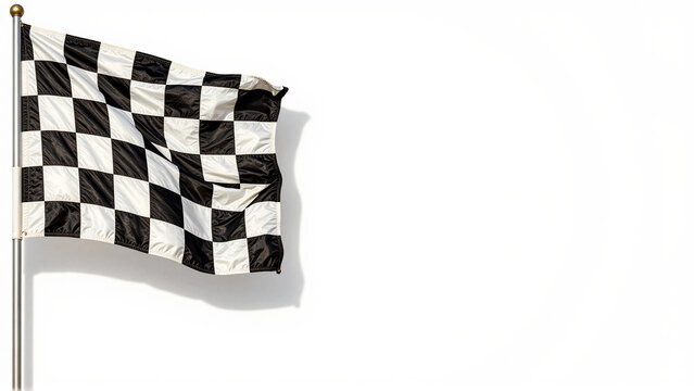Black and white checkered flag waving on a pole for racing finish line and competition victory