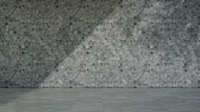 Vacant Grey Hexagonal Tile Wall and Tiled Floor in Strong Daylight Outdoor Area Scenery with Tree Shadows. Property Development Concept with copy-space.