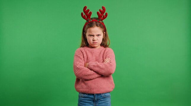 Grumpy little girl wearing reindeer antlers headband stands with arms crossed looking angry and sulking in a pink knitted sweater during Christmas holidays