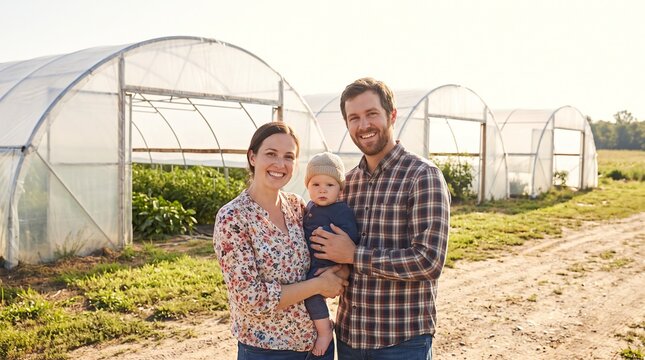 Happy family of farmers standing with baby outdoors near agricultural greenhouses on an organic smallholding farm at sunset