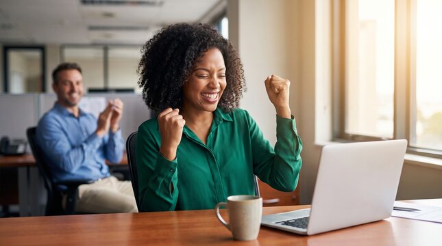 A joyful businesswoman celebrates success at laptop while her cheerful colleague claps and applauds great achievement in the modern office