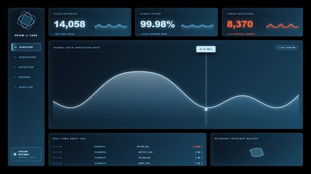 Futuristic 4K transparent motion graphics video overlay of a sci fi command center. Features seamless looping analytics dashboards, live network charts and radar topology isolated on an a