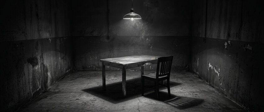 Dark interrogation room with single light bulb illuminating a table and chair conveying mystery and suspense
