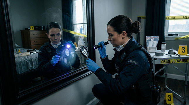 Crime Scene Investigator Examining Fingerprints with Magnifying Glass and Flashlight in Room