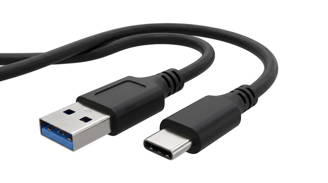 Black USB type C to USB A cable isolated on a transparent background