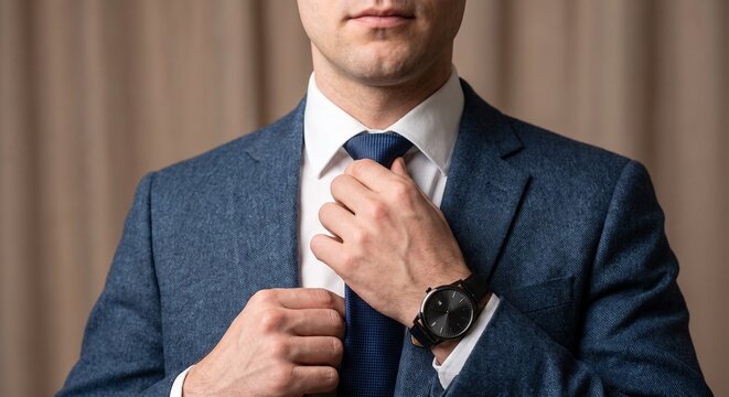 Businessman in blue suit adjusting his necktie while getting ready for a corporate meeting, wedding ceremony, or formal celebration with confidence and professional elegance