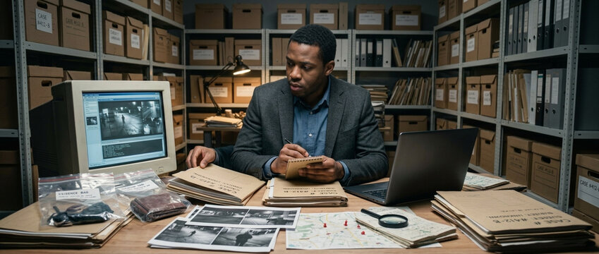 Detective analyzing evidence in archive room dark office crime scene investigation case files vintage computer magnifying glass