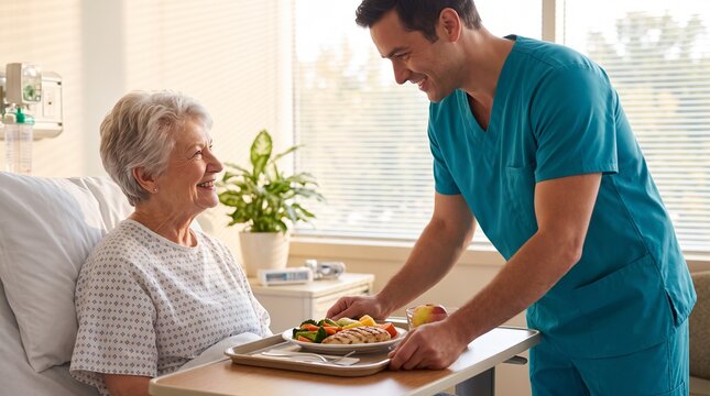 Male nurse serving healthy meal to elderly patient resting comfortably in hospital bed while providing compassionate care during clinical recovery