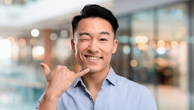 A cheerful Asian man winking happily making a call me hand gesture while standing indoors wearing a casual blue shirt