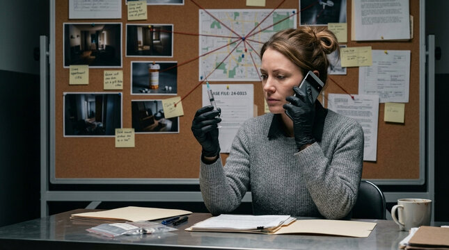 Detective examines evidence while on phone crime scene photos and evidence board behind her