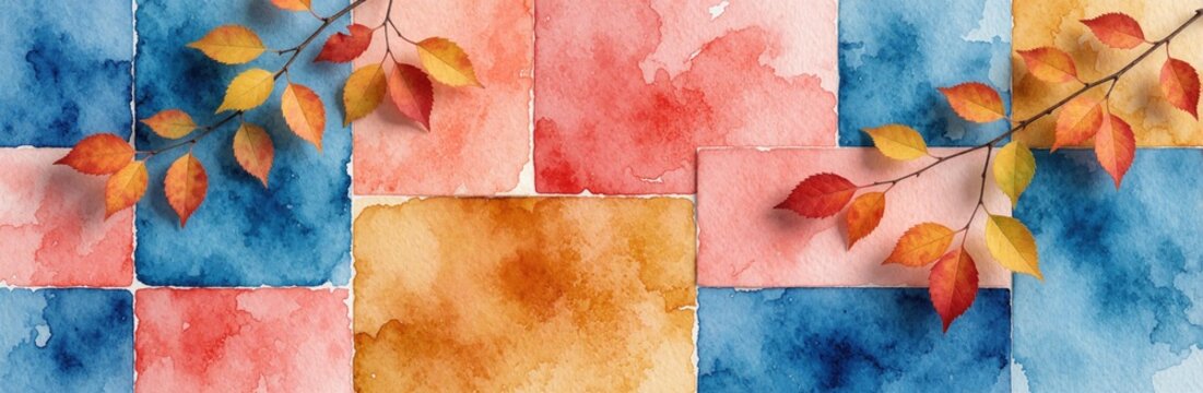 Abstract watercolor collage with colorful geometric shapes in triadic color scheme. Autumn leaves on branches decorate top view background. Artistic texture layers create modern pattern for seasonal