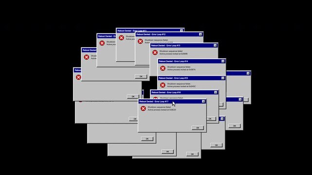 A retro 90s style computer OS screen showing a restart prompt that triggers a spiral loop of cascading error windows spawning clockwise around the screen center until total system halt. Vintage 4K vid
