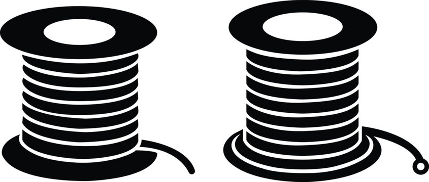  Two black spool silhouettes showing thread wrapped around cylinders isolated on a clean white background