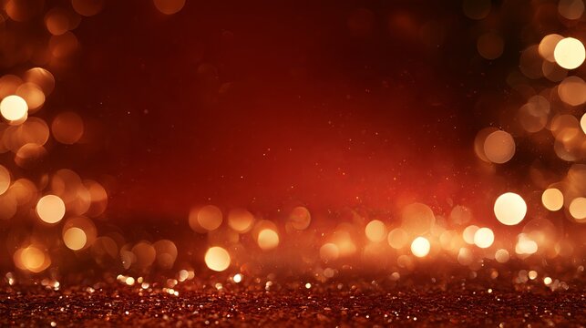 Luxury Christmas bokeh background with deep crimson gradient, warm amber and champagne gold light orbs around the edges, subtle sparkling dust and softly glowing central copy space