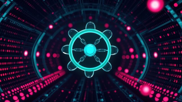 Futuristic tunnel with glowing cyan structure. Pink spheres float within digital matrix. Dark background emphasizes vibrant colors.
