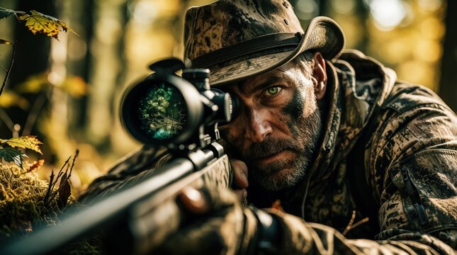 Male hunter in camo clothing aims rifle with sniper scope in forest. Man focuses on target through optics for wild animal hunt. Sharpshooter prepares shot in woods during autumn season with blurry