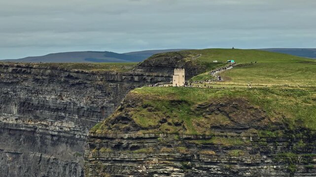 Cliffs of Moher aerial view Ireland reveals dramatic Atlantic Ocean cliffs surrounded by beautiful natural landscapes and spectacular scenery for European travel tourism