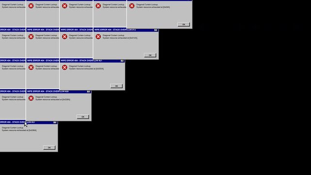 A retro 90s style computer OS screen showing a completed installation prompt that triggers a diagonal curtain sweep of error messages locking up the system completely. Vintage 4K video motion graphic.