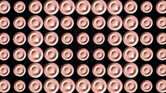 Rows of polished copper coins forming abstract patterns against a black background with subtle light
