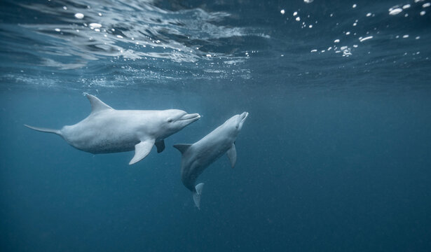 Two dolphins swimming together in the deep blue ocean