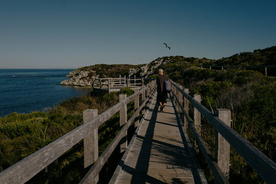 Bald man walking along a wooden boardwalk toward an ocean viewpo