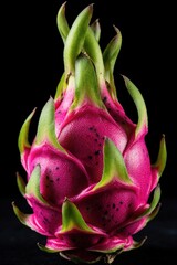 Fototapeta premium Fresh pink dragonfruit with green scales on black background. Tropical pitaya fruit isolated for food design. Exotic dragon fruit skin texture closeup. Healthy organic superfood ingredient for juice