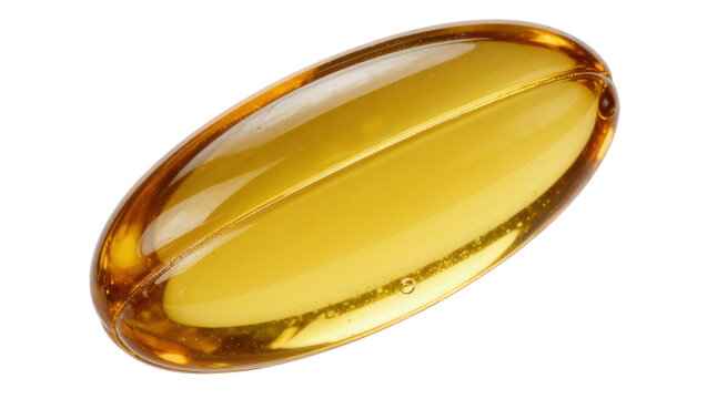 Translucent yellow oval capsule with oil inside, isolated on transparent background