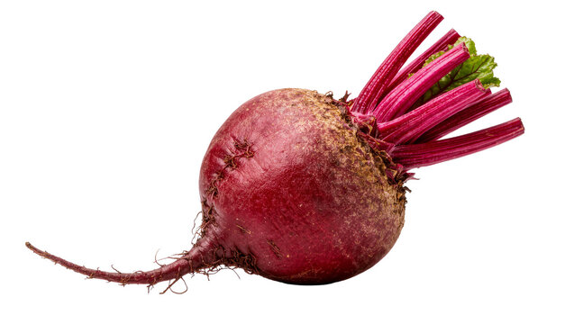 Deep red beetroot with vibrant green leaves and thin root, isolated on transparent background