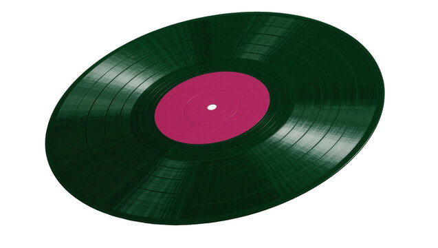 Dark green vinyl record with pink label, isolated on transparent background