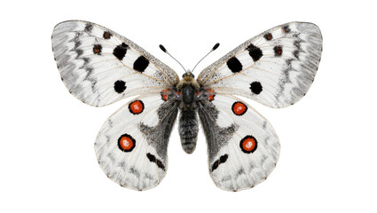Parnassius apollo butterfly with black spots and red eyespots, isolated on transparent background © Charlie