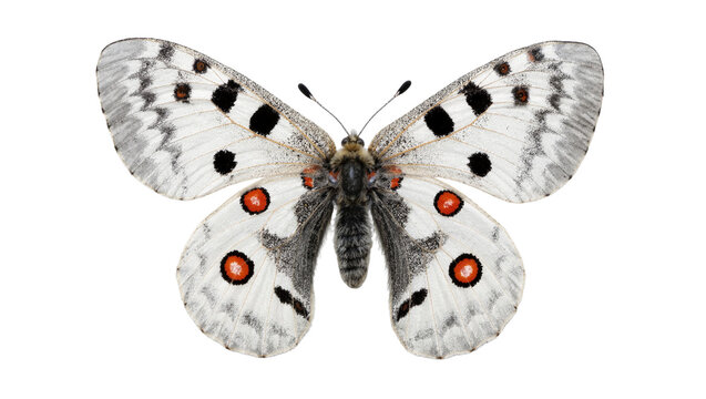 Parnassius apollo butterfly with black spots and red eyespots, isolated on transparent background