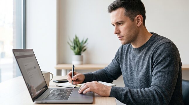 Man taking a digital skills assessment while studying at a laptop and writing notes
