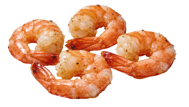 Four cooked shrimp with seasoning, isolated on transparent background
