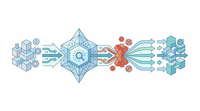 Horizontal vector banner illustrating raw data blocks analyzed by a central AI crystal lens, isolating errors and bottlenecks to route structured clean data.