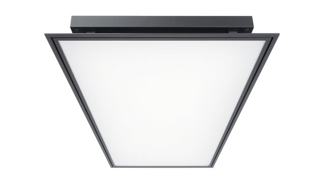 Modern square ceiling light fixture with dark metal frame, illuminated panel isolated on transparent background
