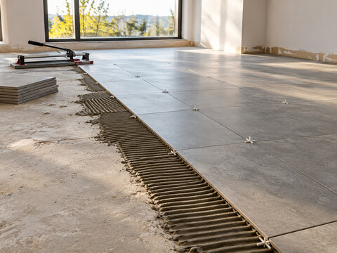 Tile floor installation in progress in contemporary residential room