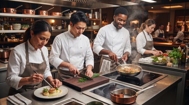Professional chef team preparing gourmet dishes together in a modern high-end restaurant kitchen