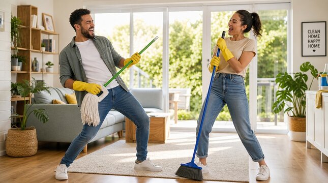 Cheerful young couple having fun while cleaning their bright modern apartment using broom and mop as musical instruments during weekend chores