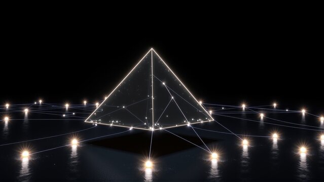 Pyramid structure glows amidst darkness. Connected points form network, reflecting light onto surface. Minimalist design, futuristic concept.