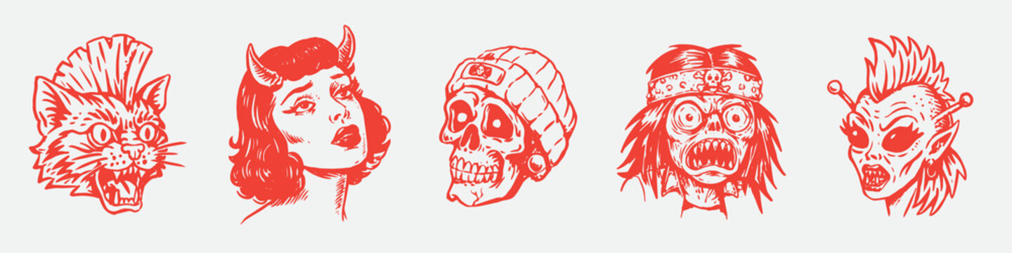 Horror character heads featuring a monster cat, devil woman, skull, zombie and goblin in bold vintage tattoo inspired line art.