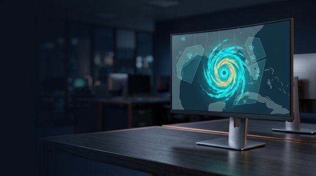 Computer monitor displaying hurricane storm tracking map and weather forecast