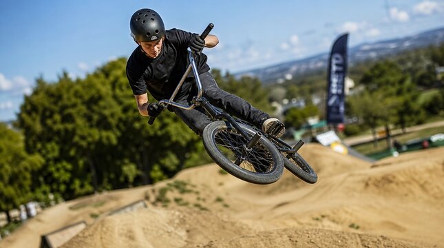 BMX bicycle rider jumping high in air performing an extreme freestyle trick over dirt ramps at outdoor sports park