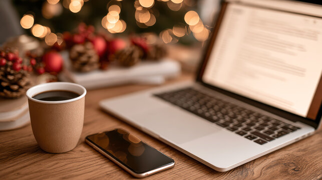 Remote work during Christmas with laptop smartphone coffee and festive decorations indoors